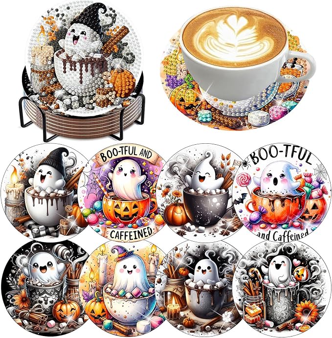 8 PCS Halloween Diamond Art Coasters Kits, Ghost Diamond Painting Coaster | by Benjenes