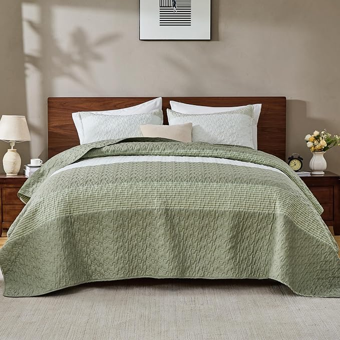 Andency Queen Quilt Bedding Set Weat Green, 3 Pieces Patchwork Summer Striped - Image 8