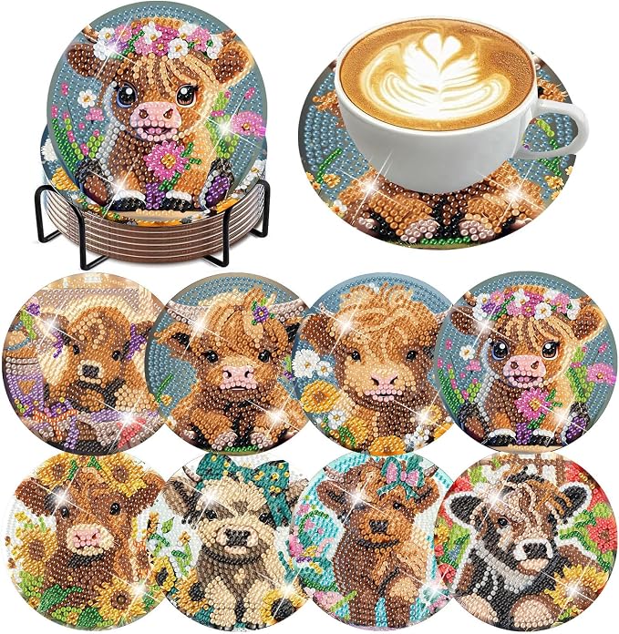 ijbnhd 8 Pack Highland Cow Diamond Art Coasters Kits | Cow Diamond Painting by ijbnhd
