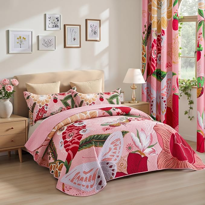 Tyrot 3 Piece Pink Boho Floral King Size Quilt Sets Farmhouse Botanical - Image 2