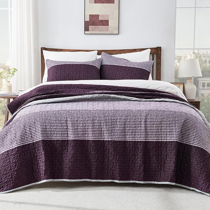Andency Stripe Quilt Set Cal King, 3 Pieces Purple and Grey Striped Bedspread - Image 8