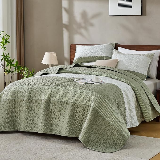 Andency Queen Quilt Bedding Set Weat Green, 3 Pieces Patchwork Summer Striped by Andency