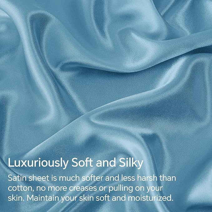 BEDELITE King Size Sheets Set, Luxury Soft Airy Blue Satin Sheets - Image 3