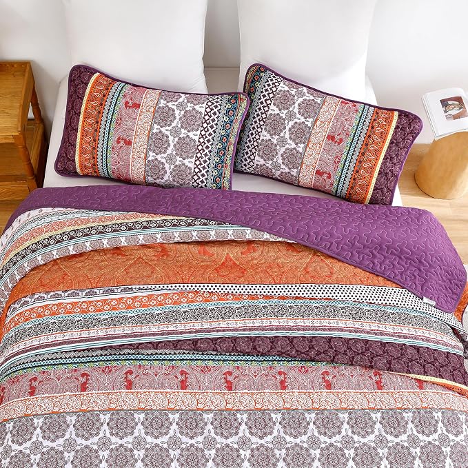 WONGS BEDDING Boho Quilt Set Queen Size, Lightweight Soft Microfiber Bedding Set - Image 6