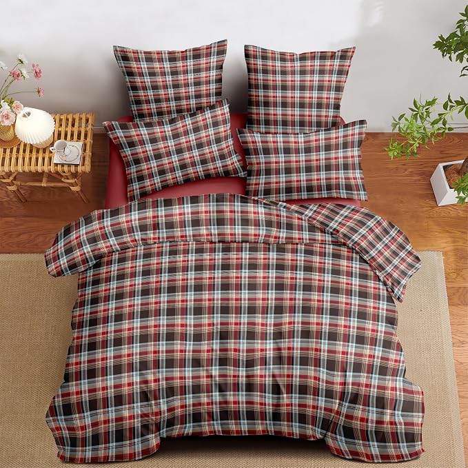 Nayoroom Plaid Duvet Cover Queen Size Vintage Red Brown Gingham Checkered - Image 2