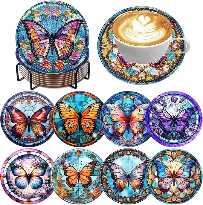 ijbnhd 8 Pcs Butterfly Diamond Painting Coasters Kits by ijbnhd
