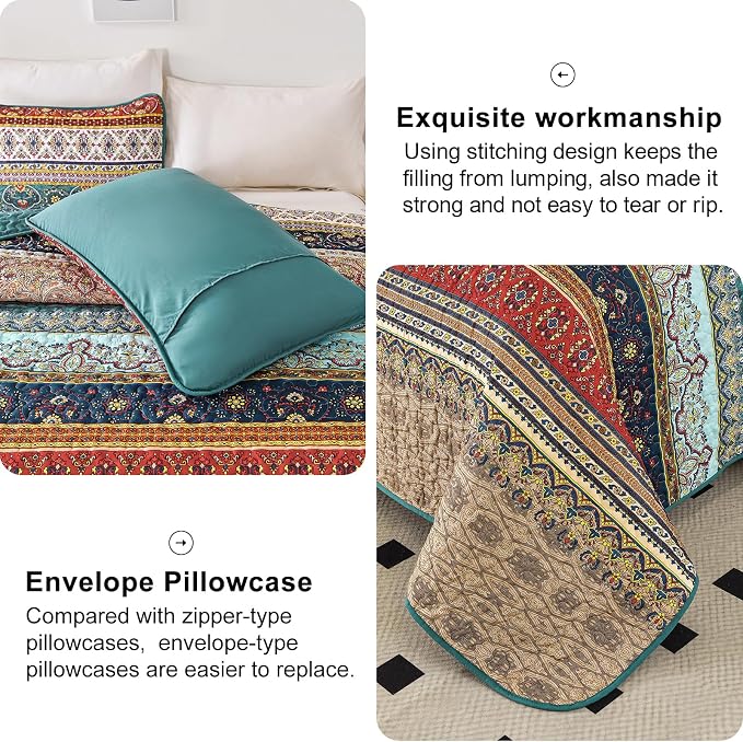 WONGS BEDDING Boho Queen Quilt Set, Lightweight Microfiber Bed Decor Bedspread - Image 7