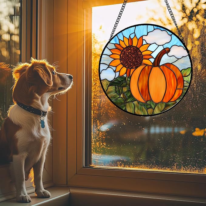 DASTOLL Stained Glass Window Hanging Fall Farm Scenery Sunflower Pumpkin 7.8" - Image 3