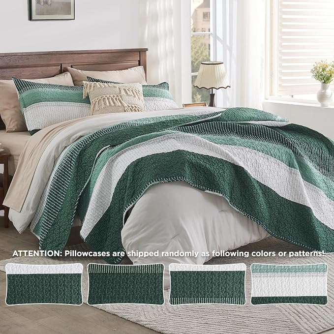 Andency Emerald Green Quilt King, 3 Pieces Patchwork Striped Bedspread Coverlet - Image 8