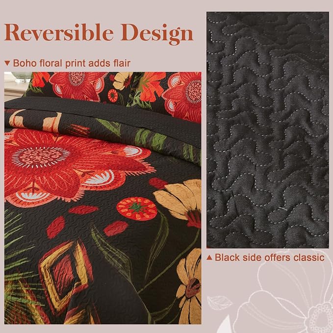 Tyrot 3 Piece Black Red Boho Floral Quilt Sets King Size Farmhouse Reversible - Image 3