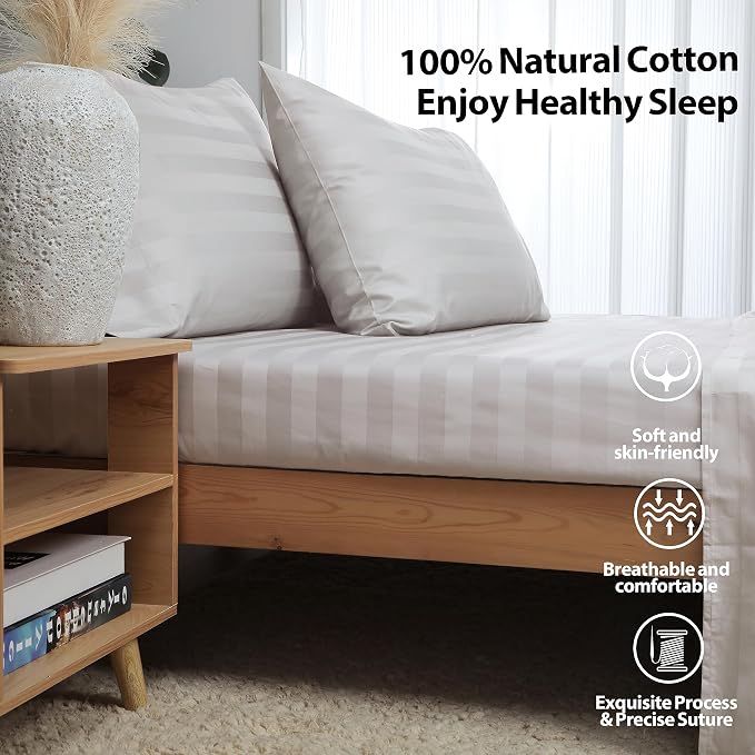 Twin Size Striped Fitted Sheet Only Light Beige Color, 100% Egyptian Cotton 600 - Image 3