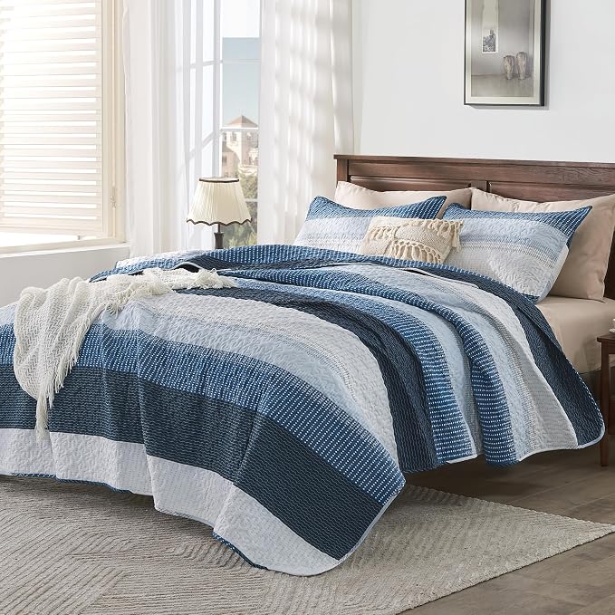 Andency Navy Blue Striped Quilt Set Cal King, 3 Pieces Patchwork Bedspread - Image 3