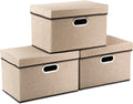 PRANDOM Collapsible Storage Cubes with Lids [3-Pack] Jute Fabric Foldable Storage Boxes Organizer Containers Baskets Bins with Cover for Home Bedroom Closet Office Nursery (14.9x9.8x9.8)