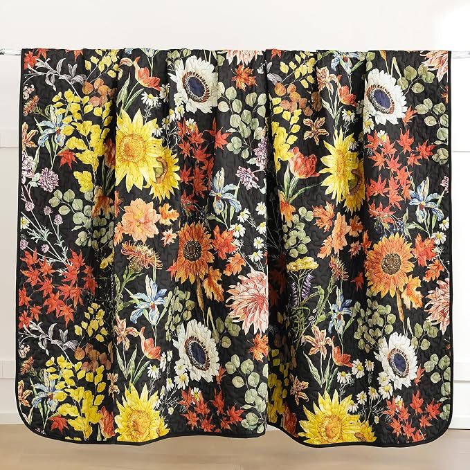 Yiran Black Yellow Full Size Quilt, Floral Bedspreads Bedding Set, 3 Pieces - Image 8