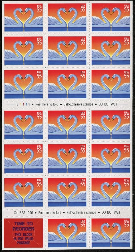 USPS Love Kissing Swans / Heart Shape #3124 Booklet of 20 x 55 US Postage Stamps by Unknown