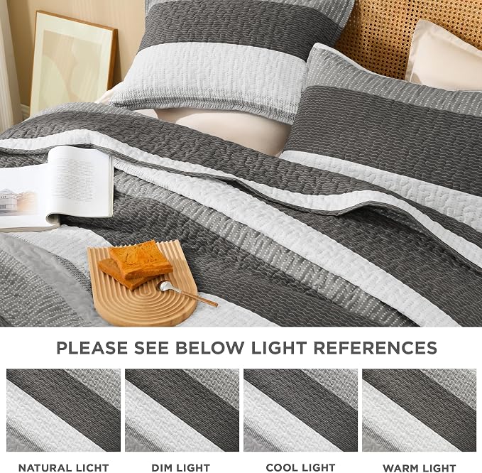 Litanika Quilt King Size Dark Grey, Stripe Patchwork Summer Bedspread Coverlet - Image 7