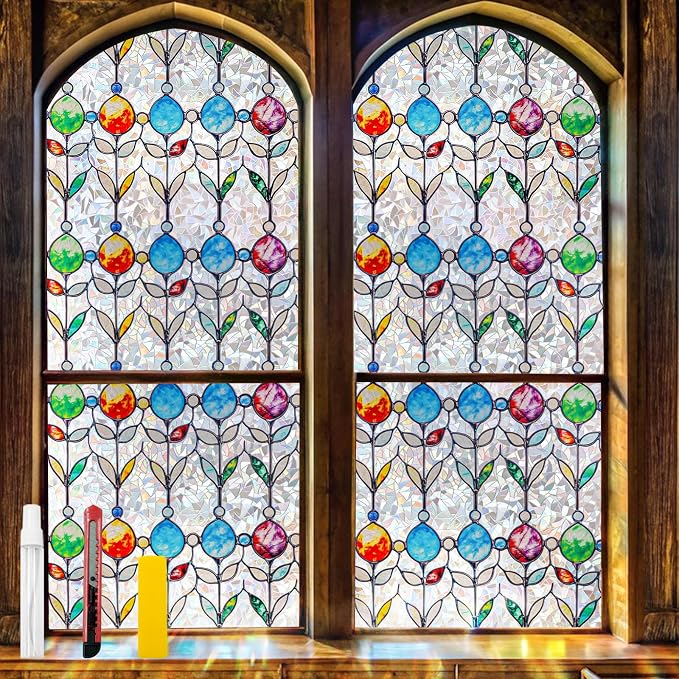 Countewol Rainbow Privacy Window Film Stained Glass Style Adhesive-Free by Countewolwindowfilm
