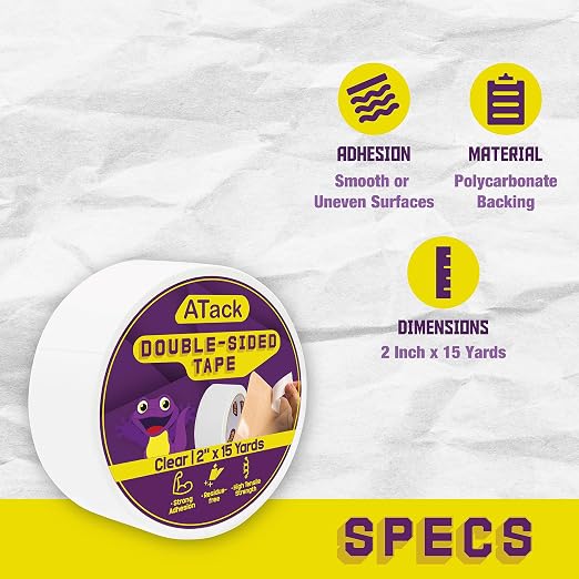 ATack Clear Double-Sided Tape, Tear by Hand, Wall Safe Heavy-Duty Double Sides - Image 2