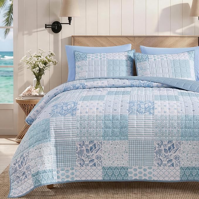BLOOMHAVEN Quilt Set Queen Size, Patchwork Sea Blue Floral Quilt Sets, by BLOOMHAVEN