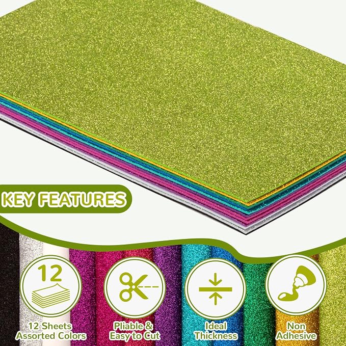 12 Pack Glitter Foam Sheets Craft 8 x 12 inch, 12 Colors | Sparkles Foam Paper - Image 4