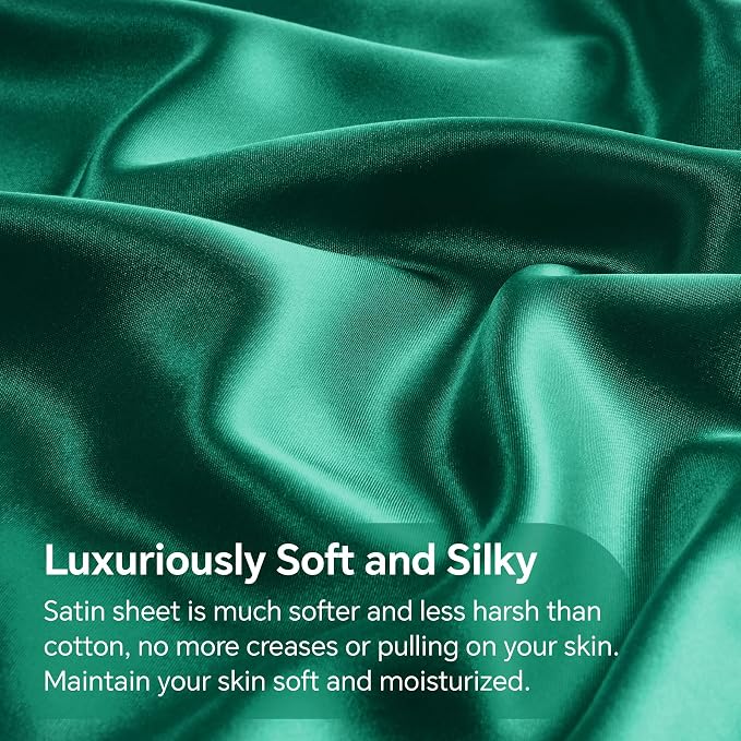 BEDELITE Satin Sheets Queen Size Bed Set, Luxury Soft Dark Green Sheets - Image 4