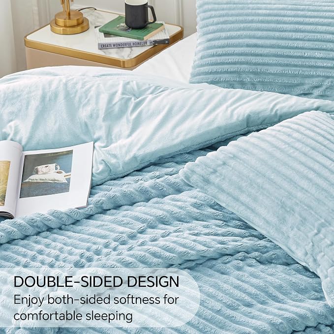 BEDELITE Fleece King Comforter Set -Super Soft & Warm Fluffy Light Blue Bedding - Image 4