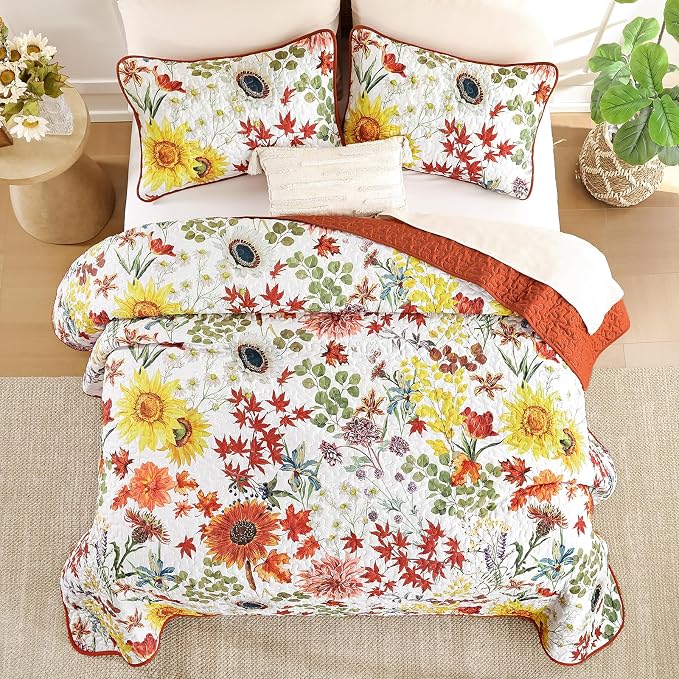 Yiran Fall Floral Quilt Set King Size, 3 Pieces Soft Lightweight Microfiber - Image 4