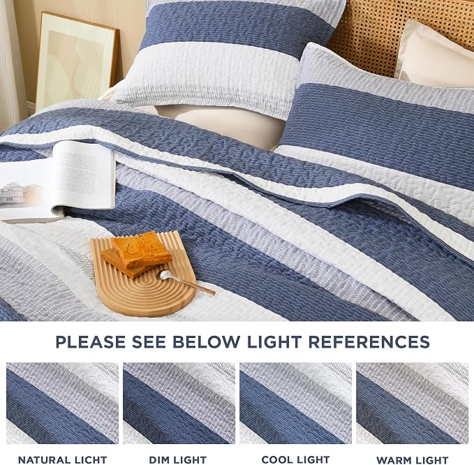 Litanika Oversized King Quilt Set Mineral Blue, 120x98 Stripe Bedspread - Image 7