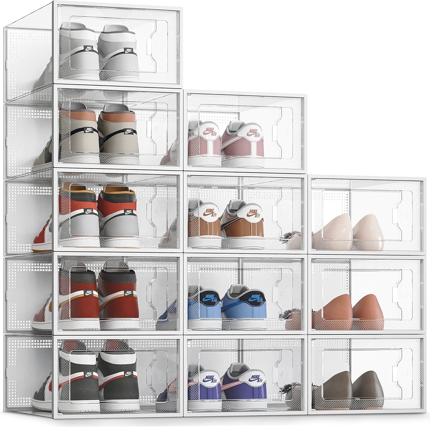 SEE SRPING XX-Large Shoe Storage Box Fit Size 14, Clear Plastic Stackable Shoe Organizer for Closet, Shoe Rack Sneaker Containers Bins Holders, Drawer Organize Unit, 12 Pack Clear