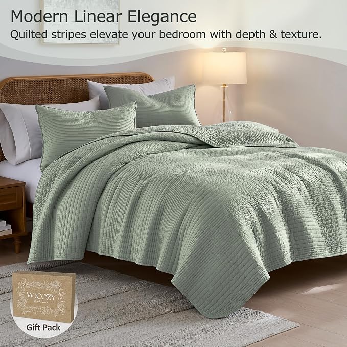 PALASSIO Striped Sage Green 100% Cotton Quilt California Cal King Size Bedding - Image 2