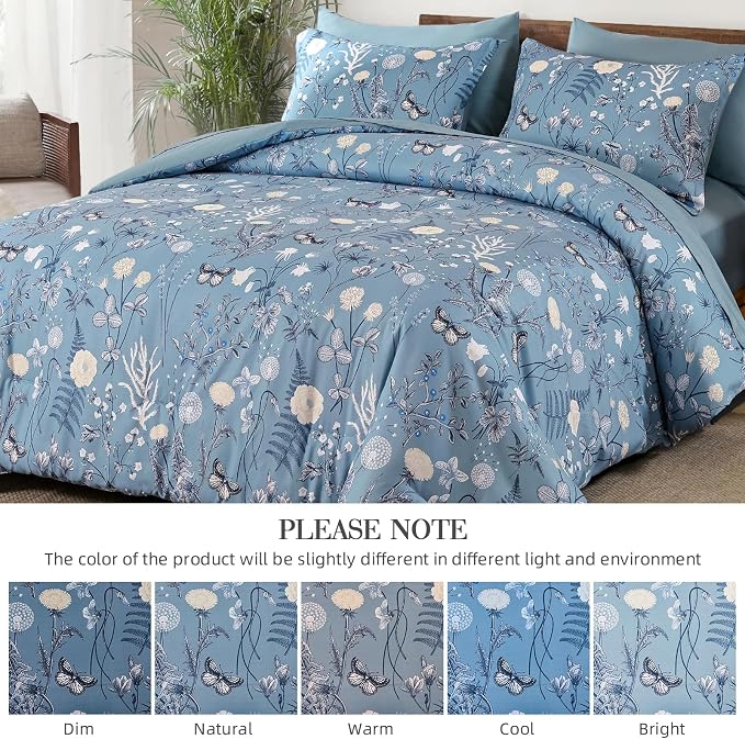 Yiran Blue Comforter Set Queen Size, 7 Piece Floral Comforter Bedding Set - Image 9