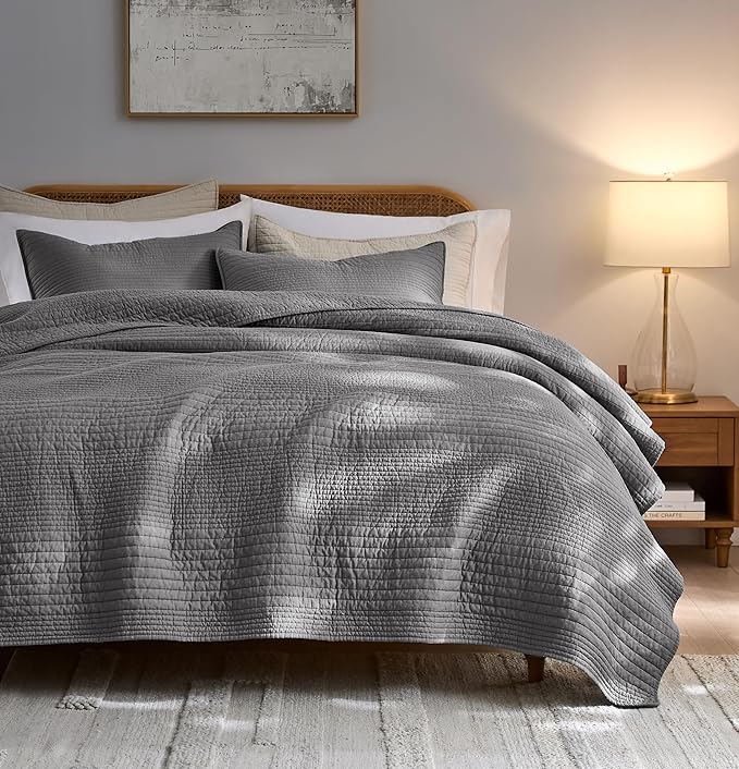 palassio Striped Dark Grey 100% Cotton Quilt Queen Size Bedding Sets, by PALASSIO