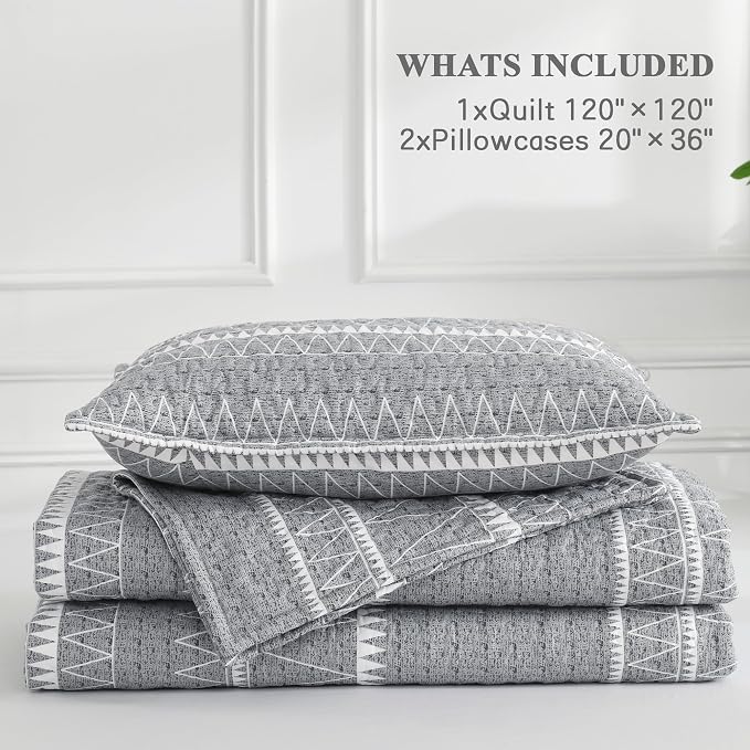 Andency Oversized Super King Quilt Set Grey, 3 Pieces Boho Lightweight Soft - Image 8