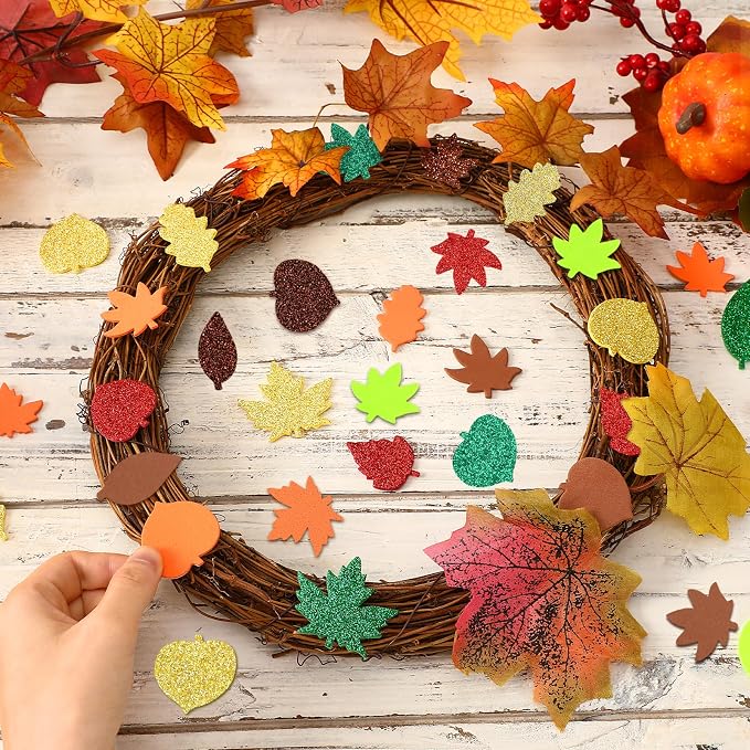 600Pcs Glitter Fall Leaf Foam Sticker Self Adhesive Maple Leaves | Autumn - Image 3