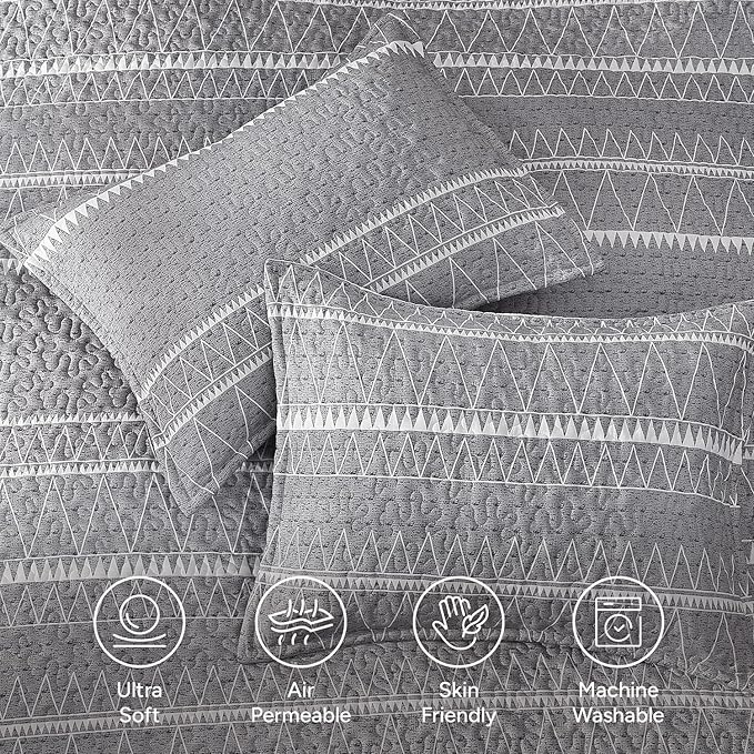 Andency California King Quilt Set Grey, 3 Pieces Boho Lightweight Soft Striped - Image 5