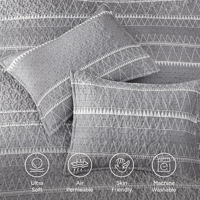 Andency King Size Quilt Set Grey, 3 Pieces Boho Lightweight Soft Striped - Image 5