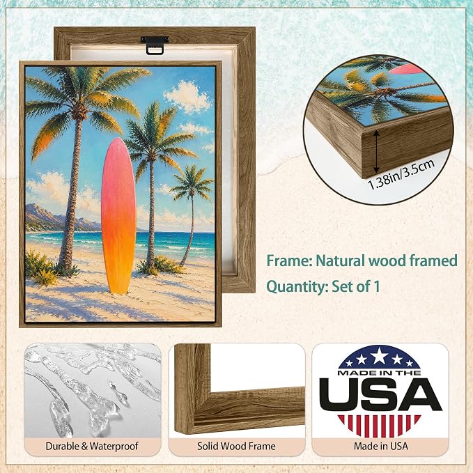 Pastel Gradient Surfboard Palm Tree Canvas Wall Art Print Tropical Summer Beach - Image 4