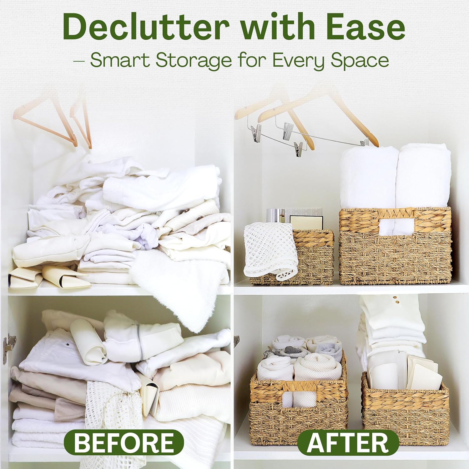 Seagrass and Hyacinth Nesting Wicker Basket, Multi-Size, 4 pack, Natural Woven Storage Baskets for Organizing Living Room, Shelves, Pantry