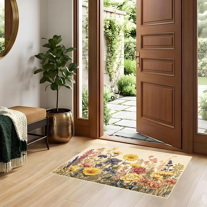 Vintage Floral Faux Cashmere Non-Slip Rug, 15.7 x 23.6 Inches, Cream Botanical - Image 4