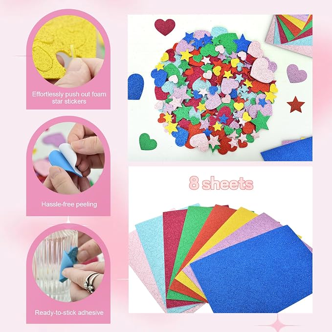 BEISHIDA 1040 PCS Glitter Foam Stickers, Heart Stars Shapes Self-Adhesive - Image 5