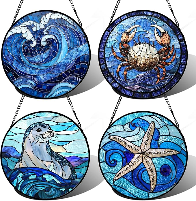 DASTOLL Stained Glass Window Hanging 4 Pcs Set Blue Ocean Waves 6.3" by DASTOLL