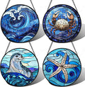 DASTOLL Stained Glass Window Hanging 4 Pcs Set Blue Ocean Waves 6.3" by DASTOLL