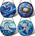 DASTOLL Stained Glass Window Hanging 4 Pcs Set Blue Ocean Waves 7.8" by DASTOLL