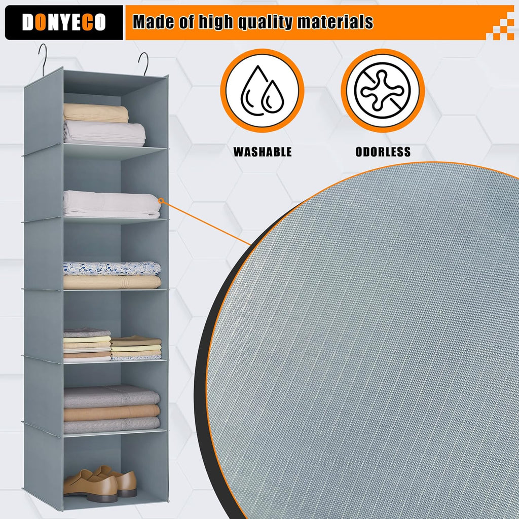 Hanging Closet Organizer and Storage 6-Shelf, Easy Mount Foldable Hanging Closet Wardrobe Shelves, Clothes Handbag Shoes Accessories Storage, Washable Oxford Cloth Fabric, Grey