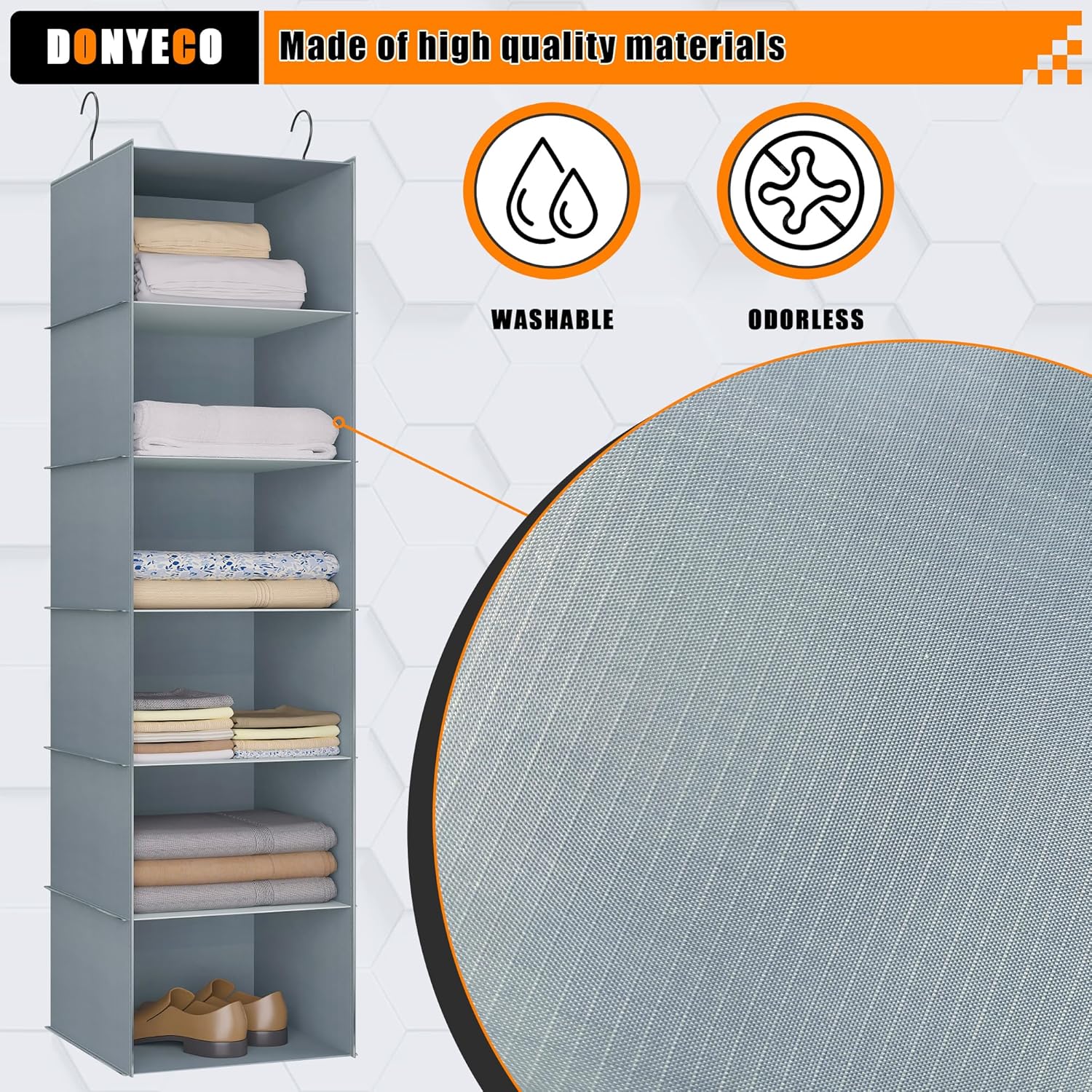 Hanging Closet Organizer and Storage 6-Shelf, Easy Mount Foldable Hanging Closet Wardrobe Shelves, Clothes Handbag Shoes Accessories Storage, Washable Oxford Cloth Fabric, Grey