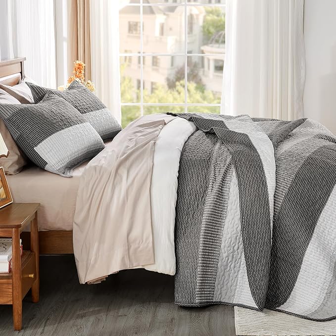 Andency Queen Quilt Bedding Set Dark Grey, 3 Pieces Patchwork Summer Striped - Image 3