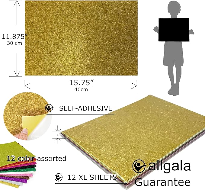 Allgala X-Large Self-Adhesive Glitter EVA Foam Sheets 12 Pack 12x16 inch- - Image 2