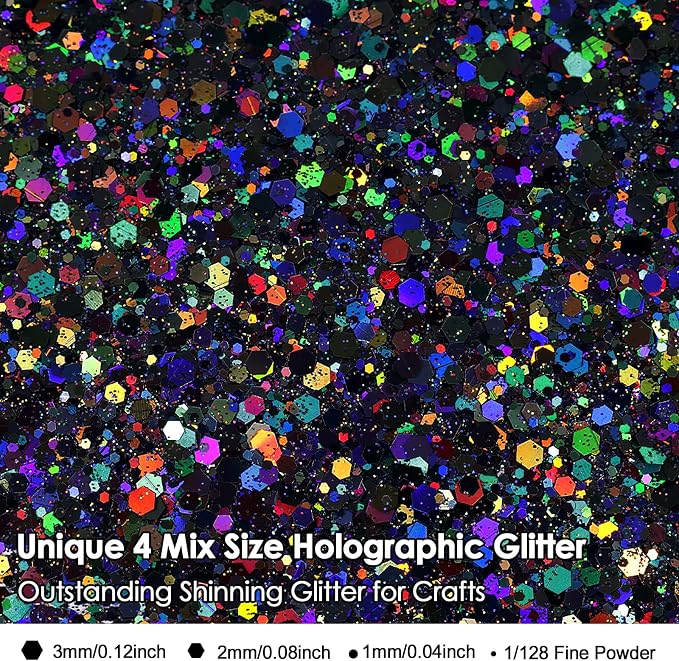 Renfio Holographic Glitter, 9.7oz/275g Laser Black Chunky Glitter - Image 3