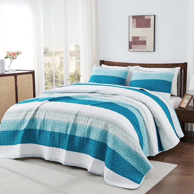 Andency Teal and White Striped Quilt King, 3 Pieces Patchwork Bedspread - Image 6