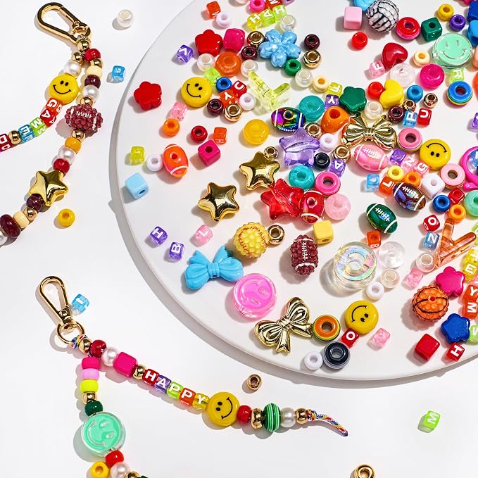 304PCS Beads Keychain Making Kit, Acrylic Colorful Letter Star Smile Bow - Image 7